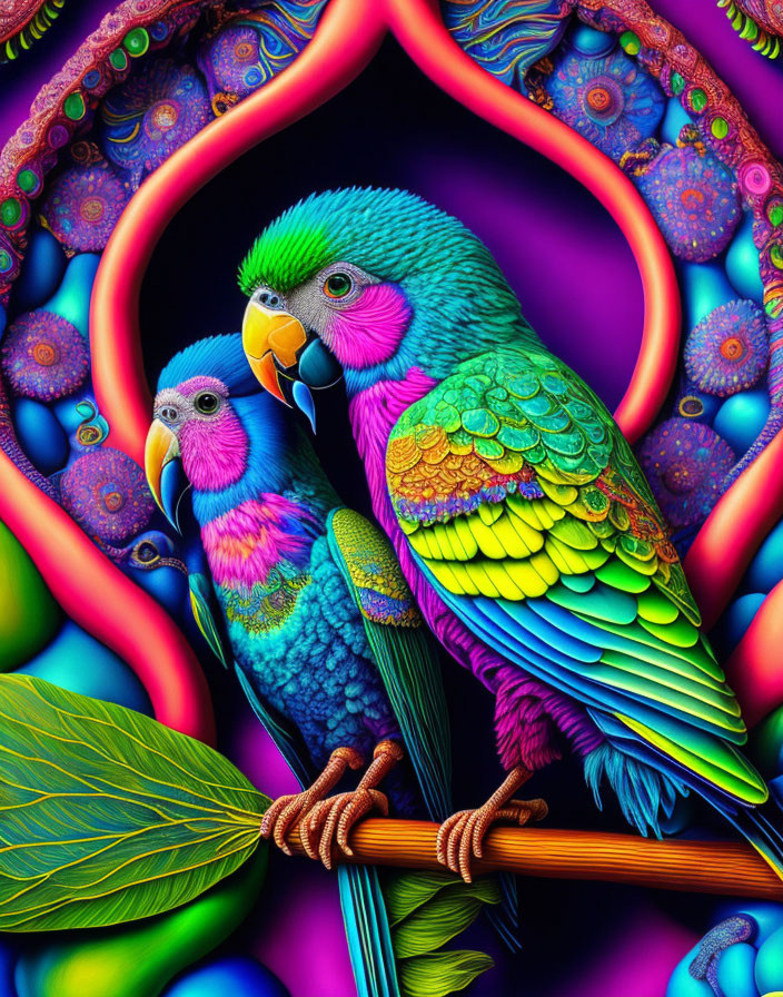 Colorful Parrots with Psychedelic Background in Blue, Green, and Pink