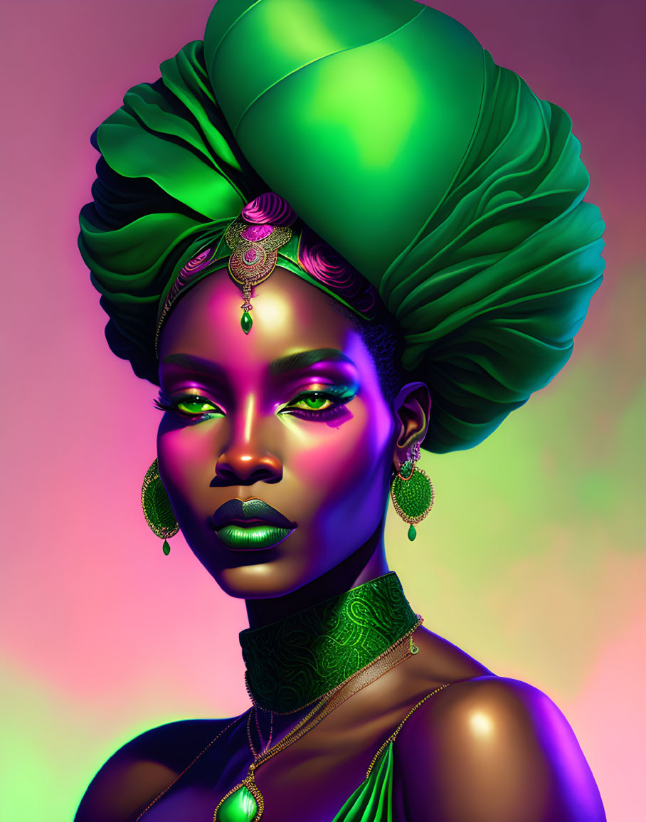 Vibrant digital art portrait of woman with green skin and elaborate accessories