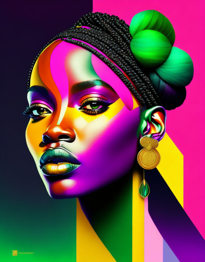 Colorful digital portrait of woman with African features and braided hair against bold geometric backdrop.