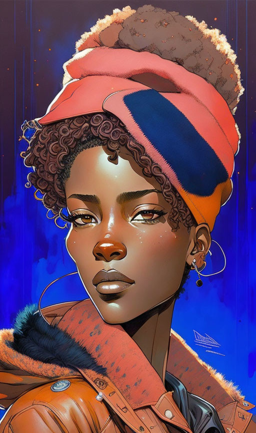 Illustration of woman with curly hair in red-orange beanie and jacket on blue backdrop