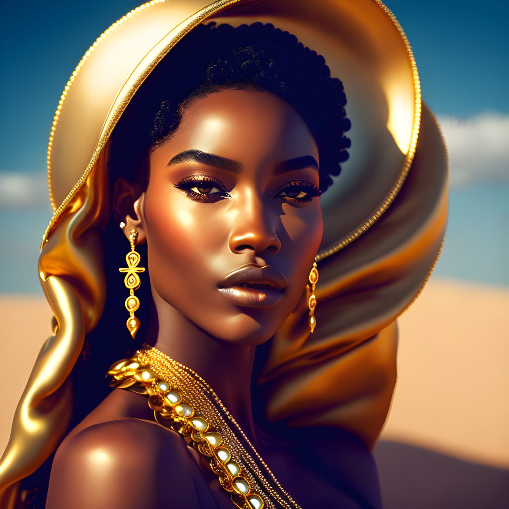 Woman with Golden Jewelry and Flowing Headdress in Sandy Background