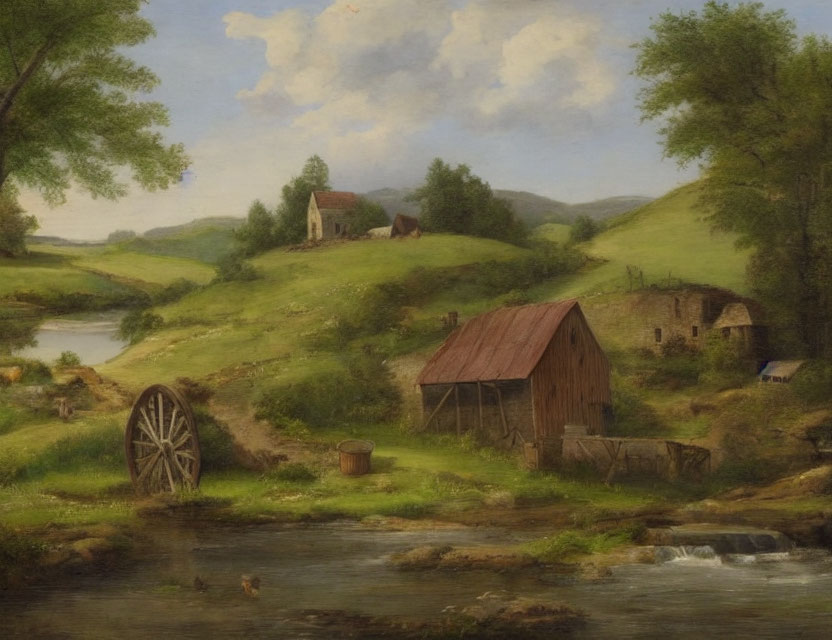 Rustic countryside landscape with stream, water wheel, and rolling hills