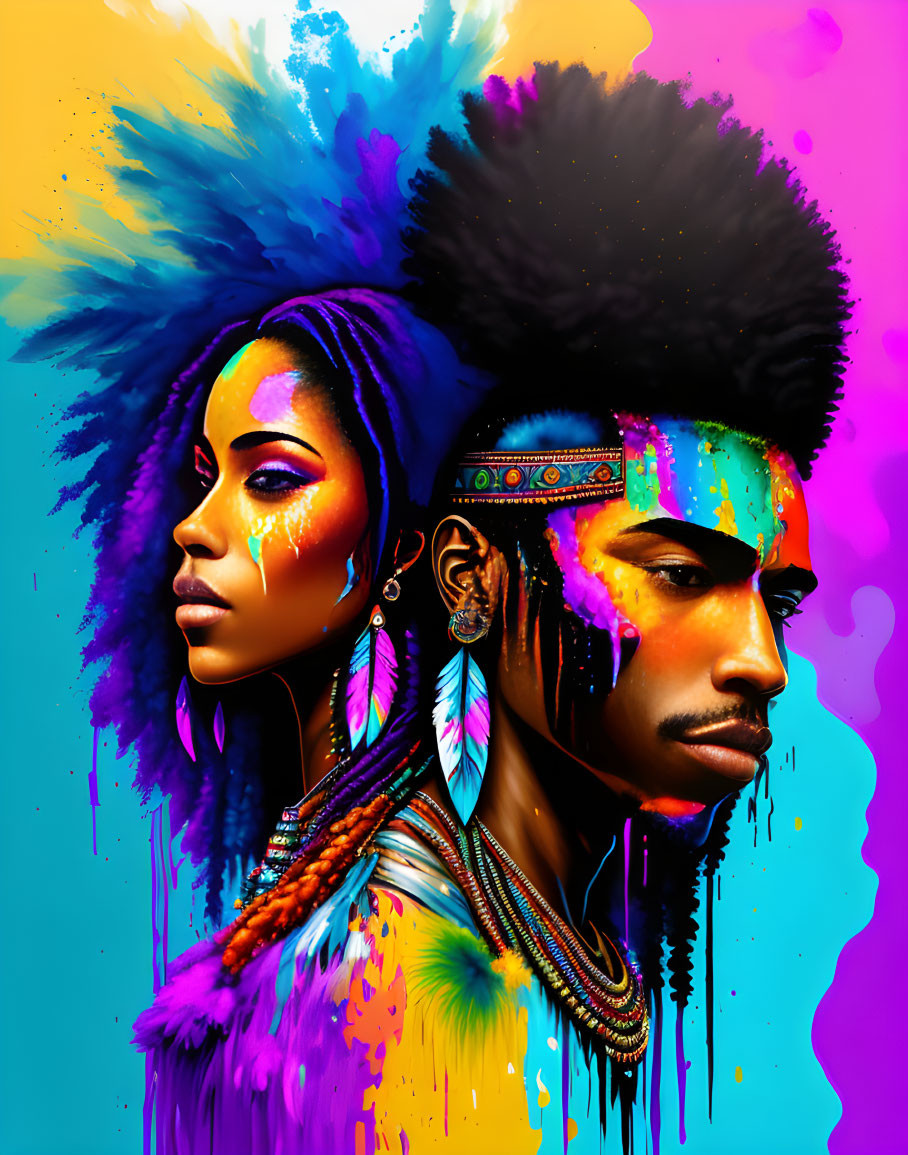 Colorful digital artwork: man and woman profiles with neon backdrop and indigenous adornments