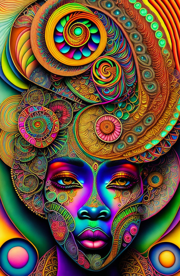 Colorful digital art of stylized woman's face with intricate patterns