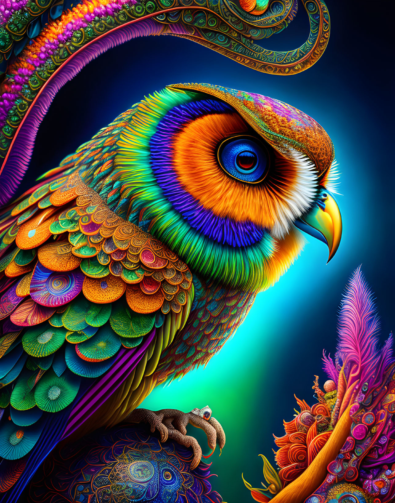 Colorful Owl Artwork with Bright Neon Hues & Intricate Patterns