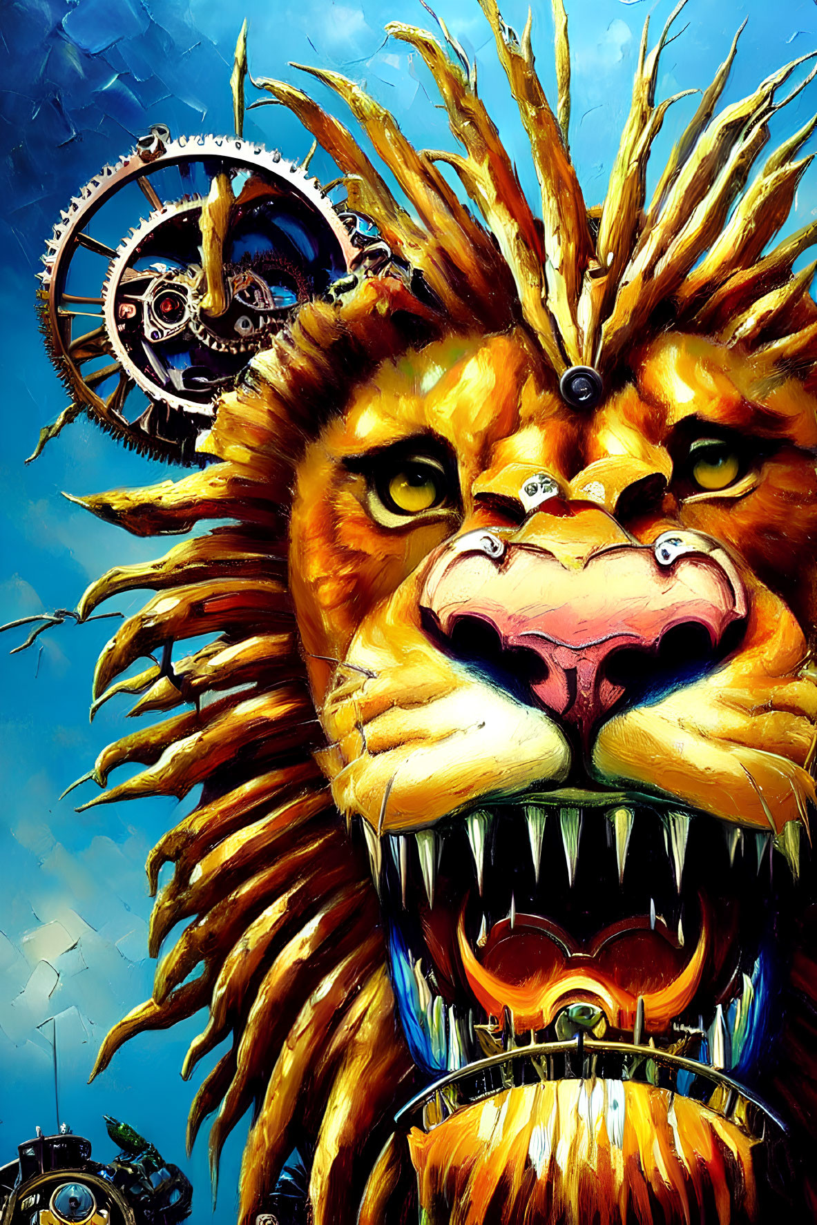 Steampunk-inspired lion painting with mechanical mane on blue sky