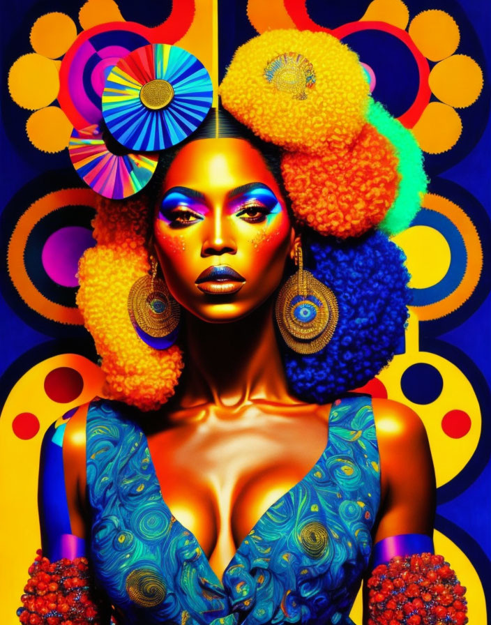 Colorful Portrait with Golden Makeup and Psychedelic Background