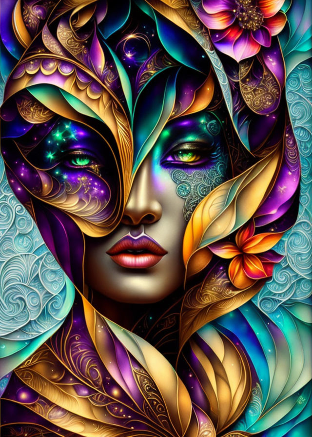 Colorful digital artwork: stylized woman's face with cosmic motifs in blue, gold, and purple