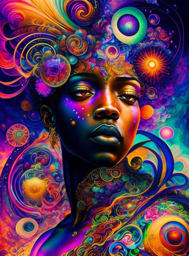 Colorful digital artwork of woman with cosmic hair patterns