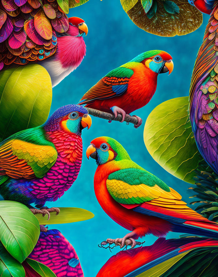 Colorful Parrots on Branches in Lush Greenery with Bright Blue Background