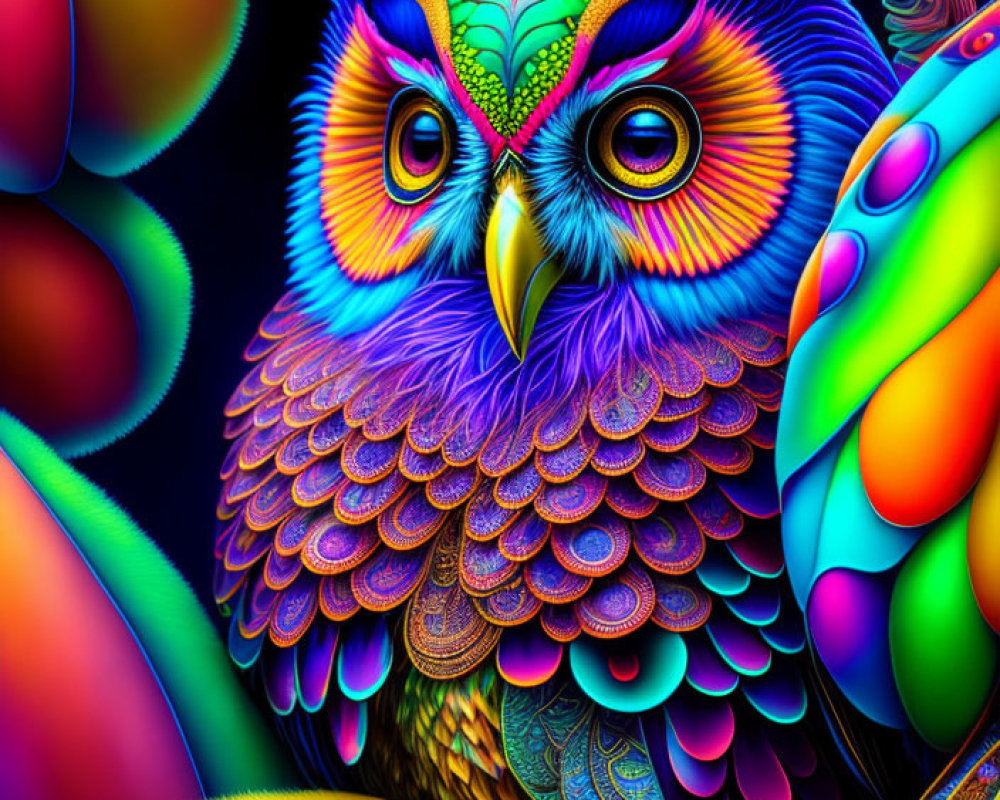 Colorful Owl and Rainbow Parrot Digital Illustration on Dark Background