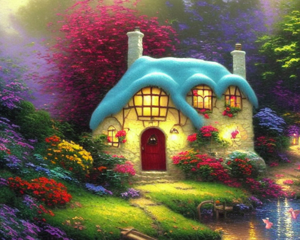 Charming cottage with blue roof, surrounded by vibrant flowers and ducks