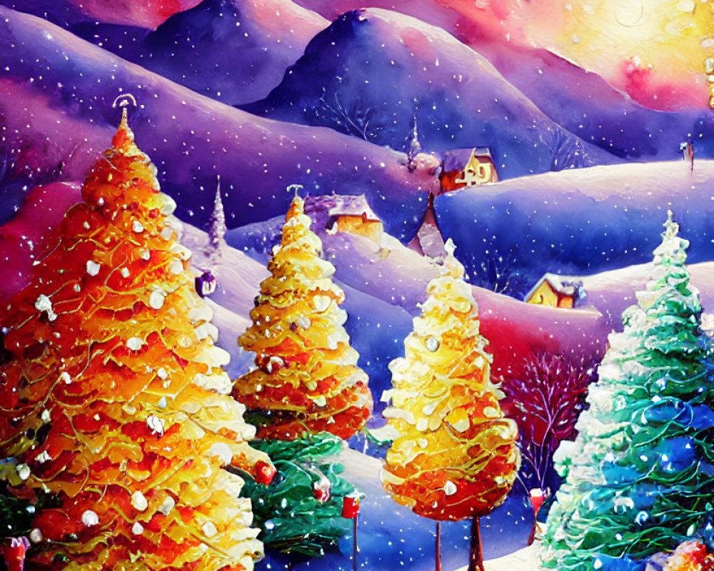 Vibrant Christmas trees in snowy landscape with starry sky & village