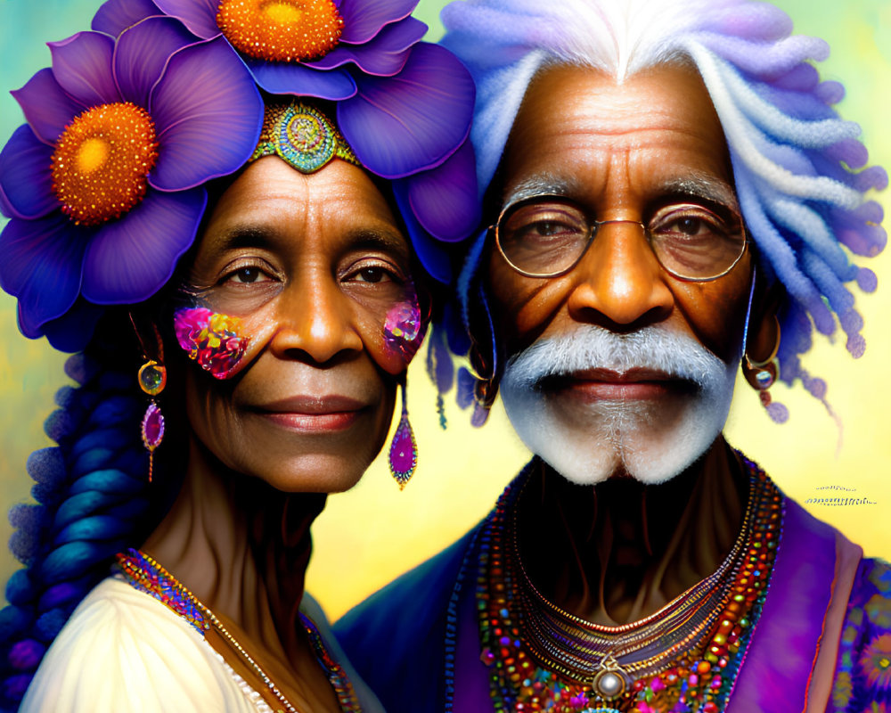 Elderly couple portrait with flowers in hair, colorful attire, exuding wisdom.