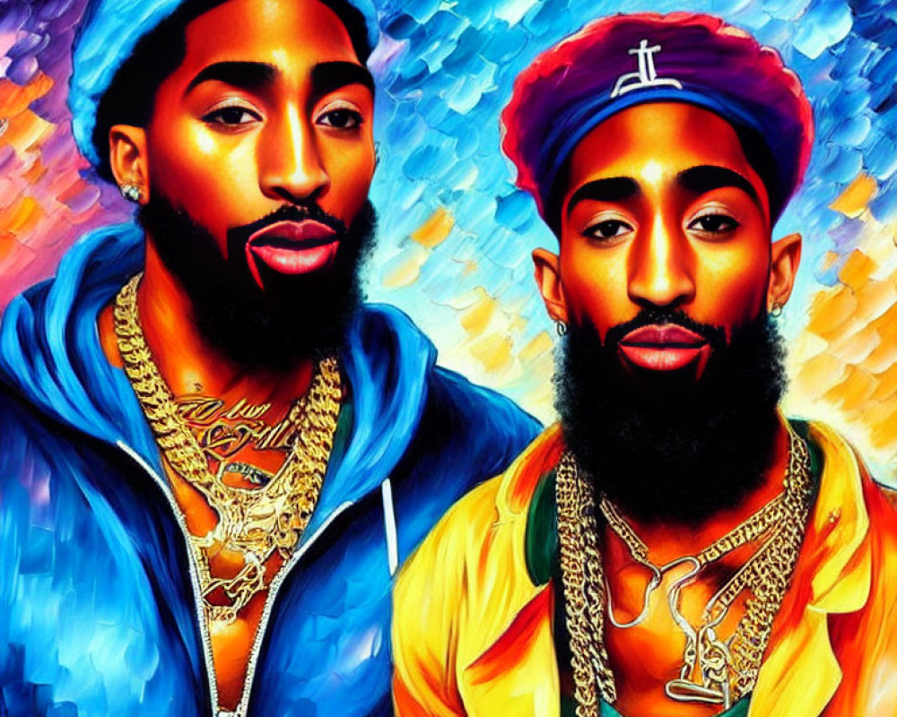 Colorful digital painting of two men with beards in blue and yellow attire against abstract backdrop