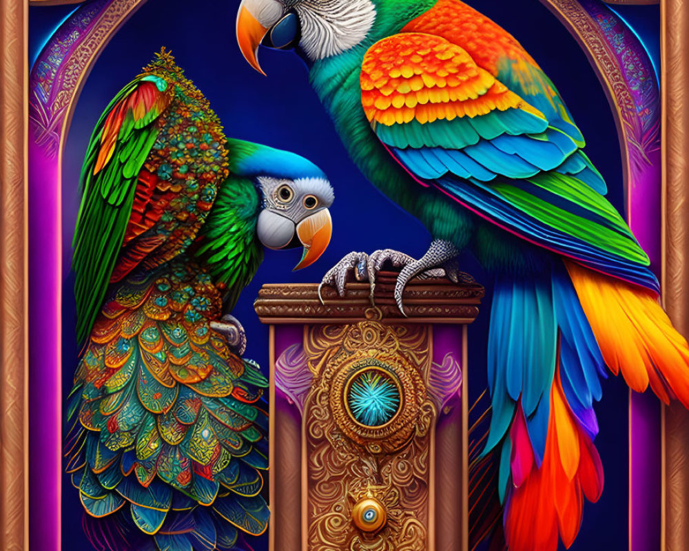 Colorful Parrots on Golden Pillars with Peacock Feathers on Purple Background