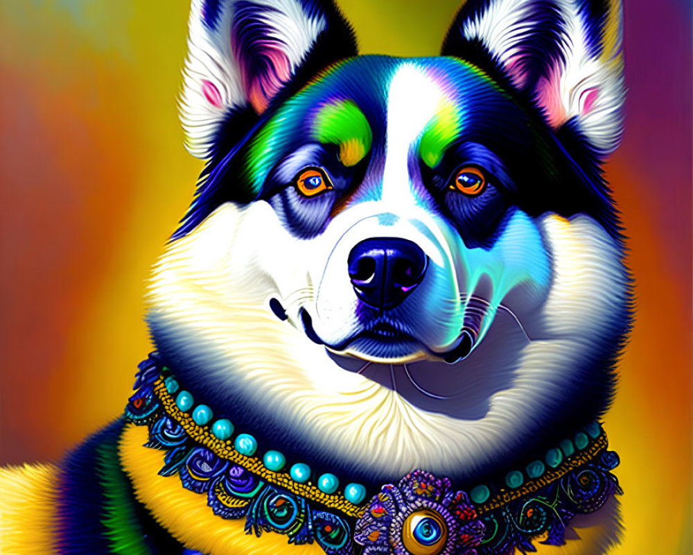 Vibrant Psychedelic Husky Portrait with Ornate Collar