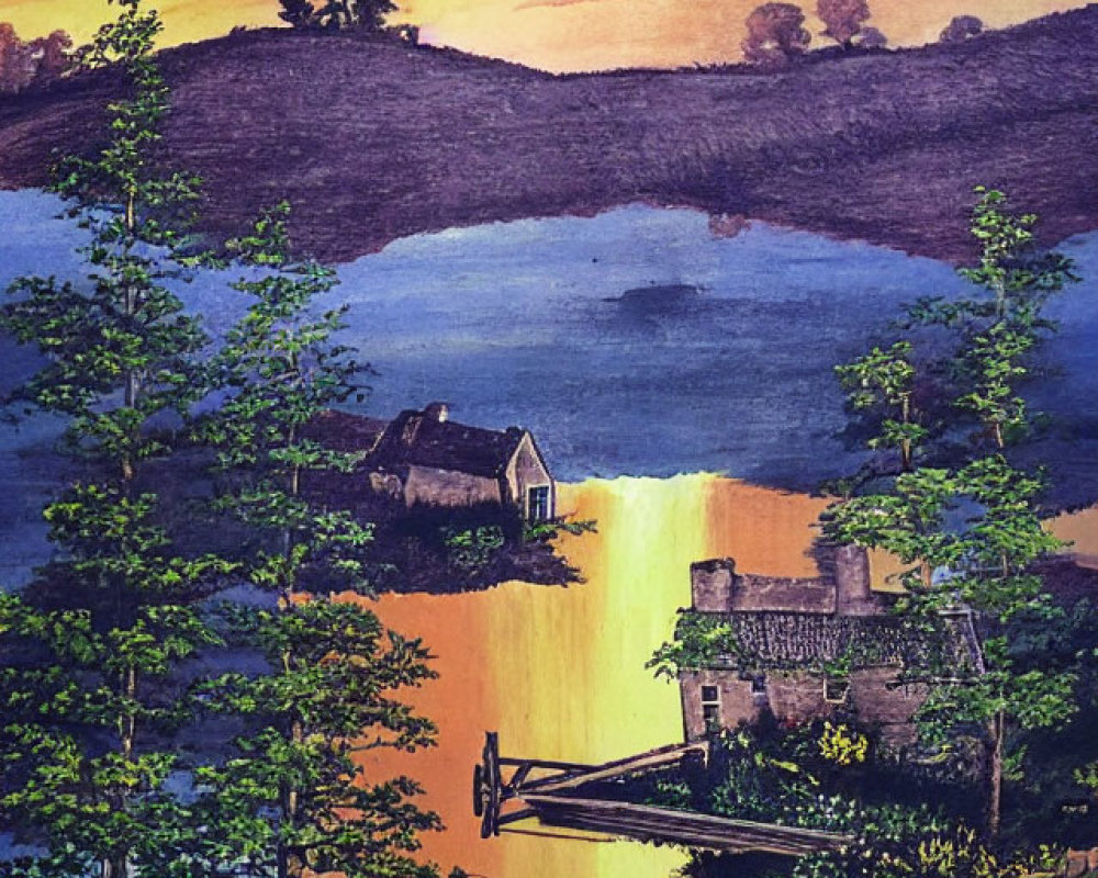 Scenic lakeside sunset painting with house and lush greenery