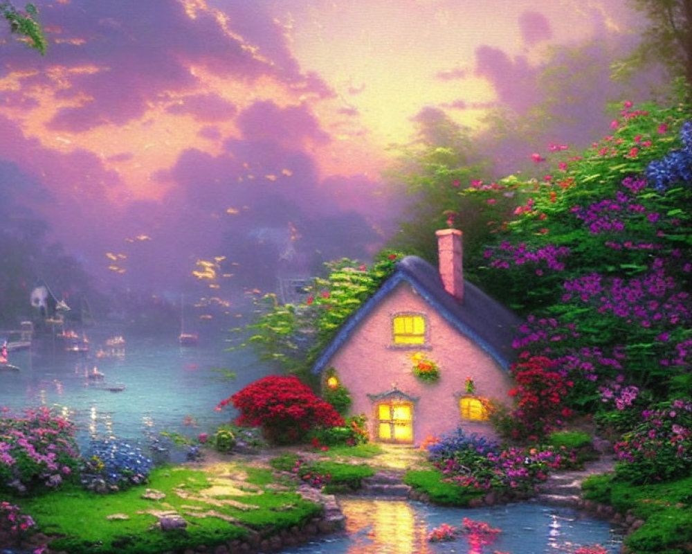 Thatched Roof Cottage Surrounded by Flowers and Sailboats at Twilight