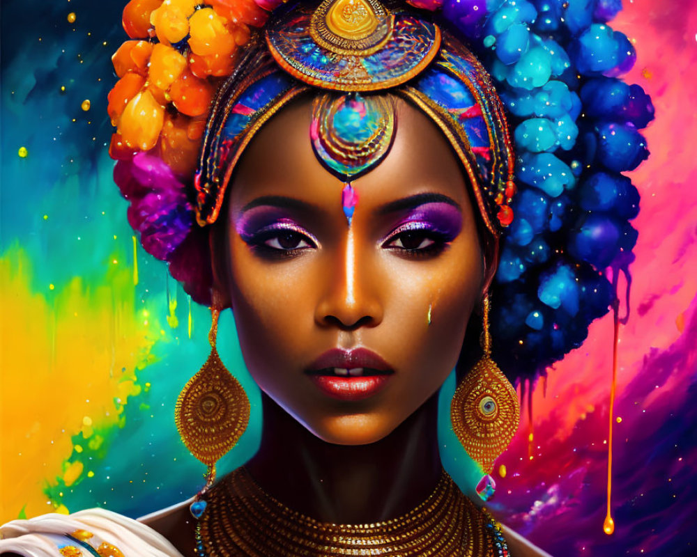 Colorful portrait of a woman with headpiece and makeup against cosmic backdrop