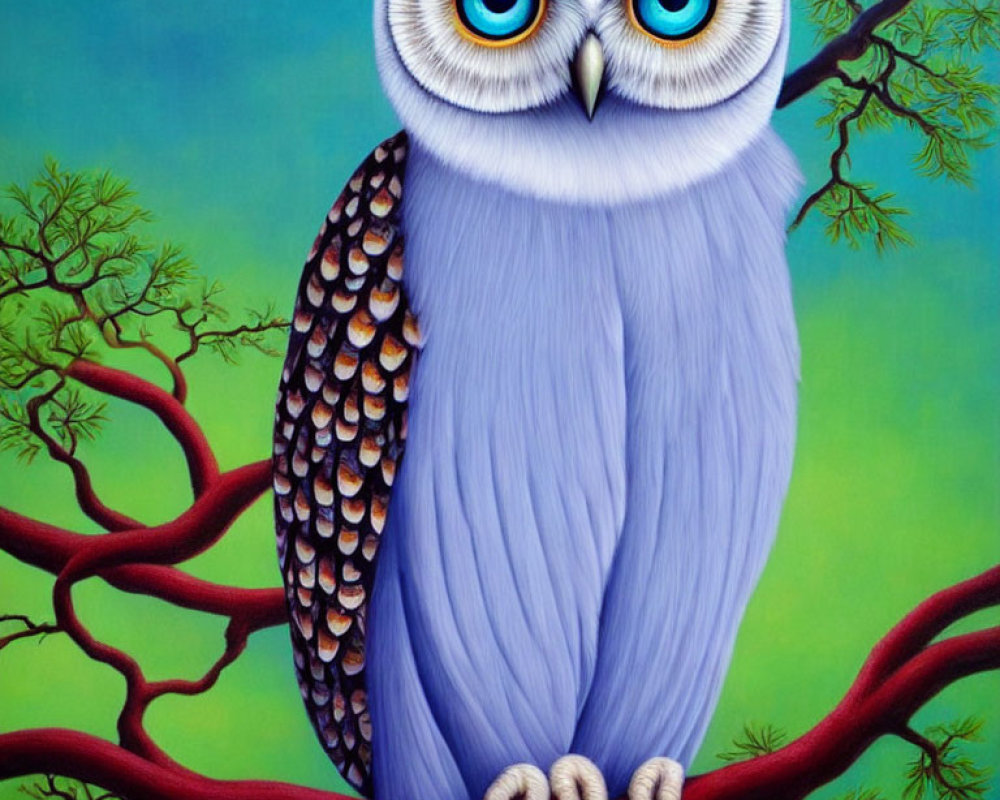 Stylized painting of blue and white owl with expressive eyes on red branch against green background