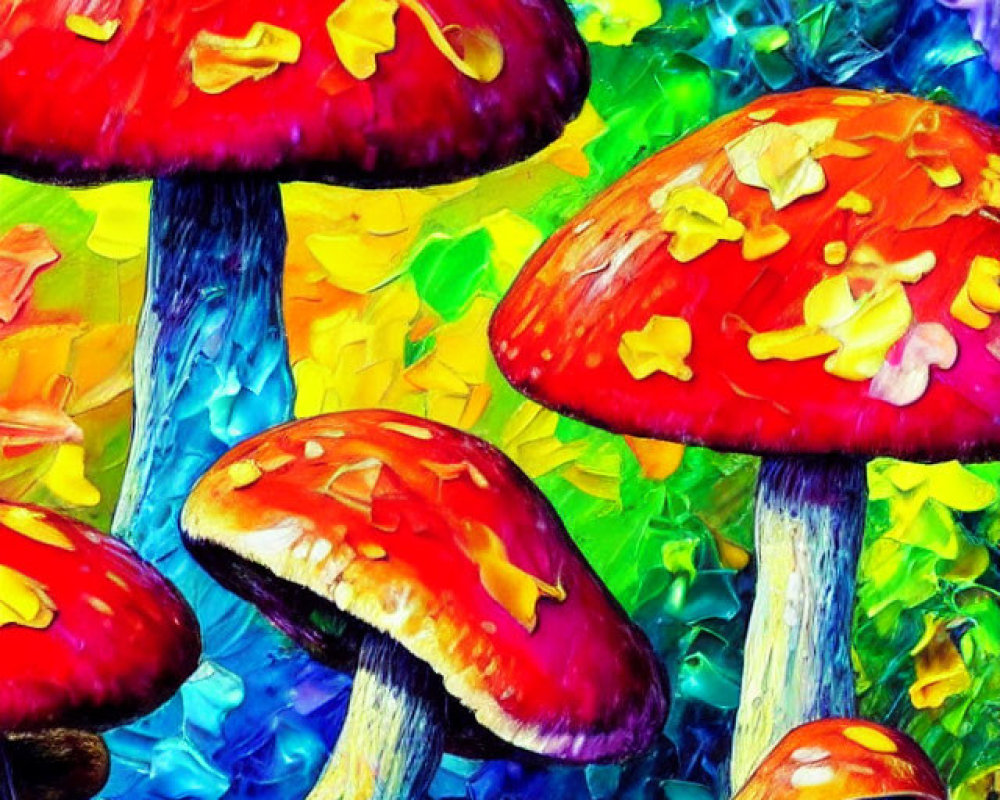 Colorful digital artwork of red-capped mushrooms on textured background