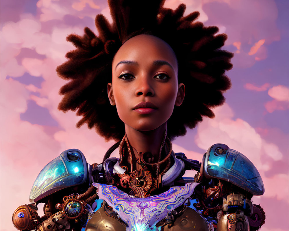 Portrait of Young Woman with Afro Merging with Robotic Body in Futuristic Setting