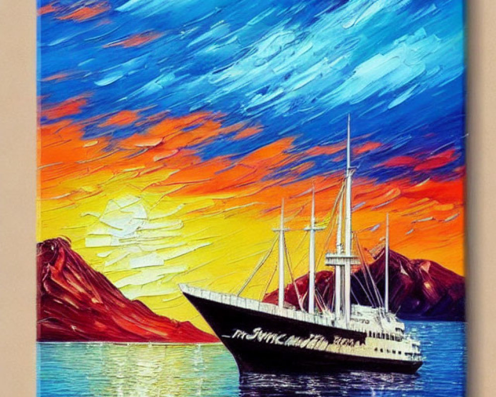 Sailboat painting with sunset over mountains