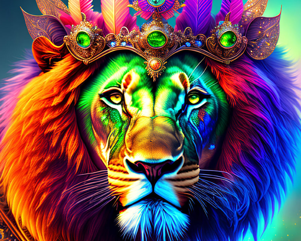 Colorful Lion Illustration with Crown on Teal-Blue Gradient Background