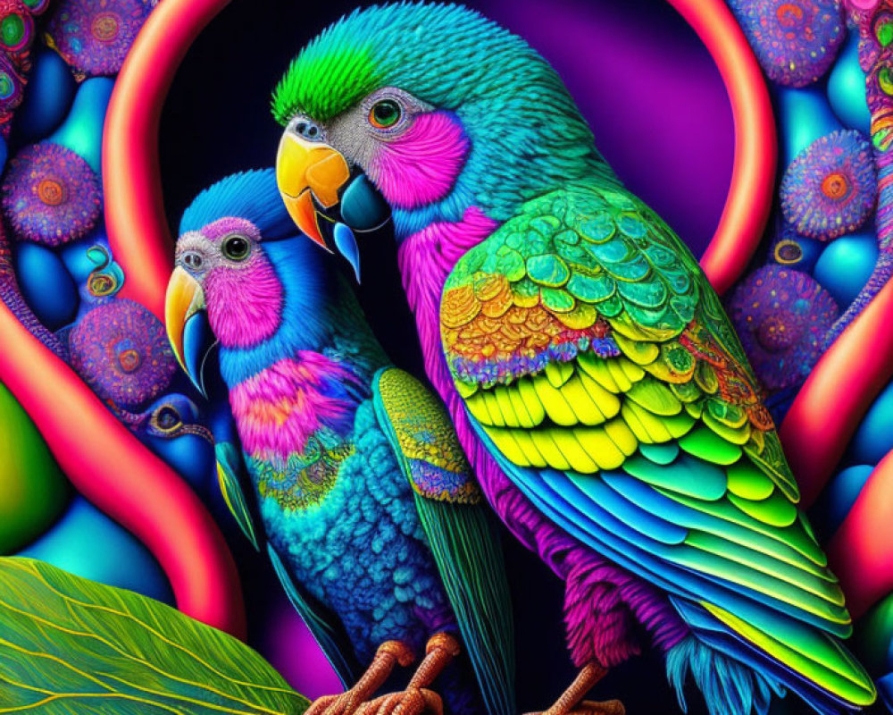 Colorful Parrots with Psychedelic Background in Blue, Green, and Pink