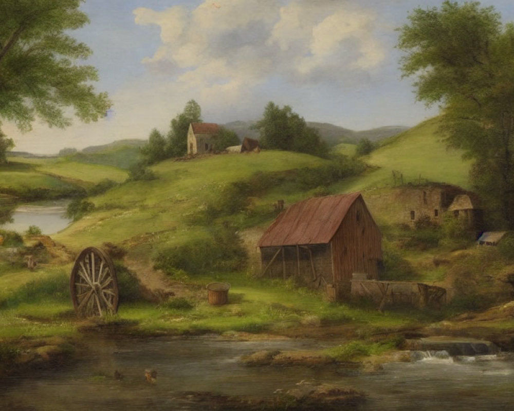 Rustic countryside landscape with stream, water wheel, and rolling hills