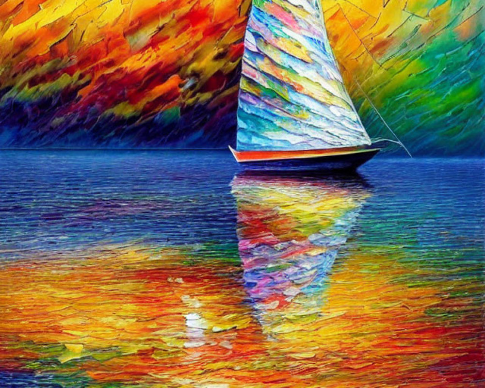 Vibrant Sailboat Painting with Sunset Reflections and Textured Sky