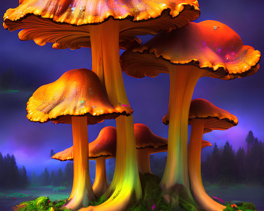 Digital Art: Oversized Luminescent Mushrooms in Twilight Reflection