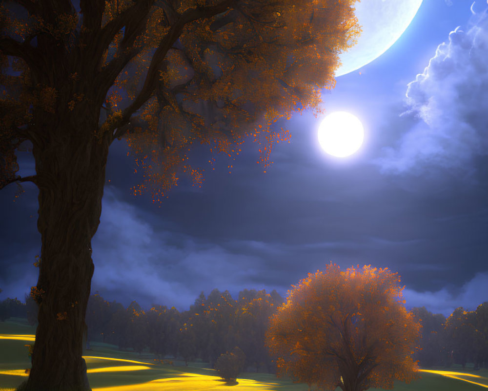 Golden meadow and autumn trees under moonlit night sky