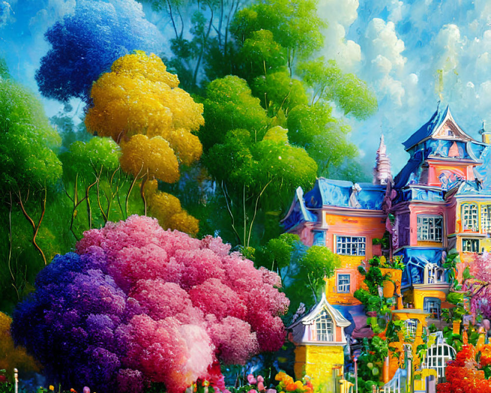 Whimsical house painting with turrets and lush gardens