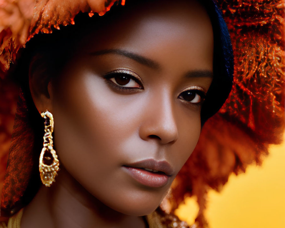 Woman adorned with ornate hat, golden earrings, and jeweled necklace on yellow backdrop