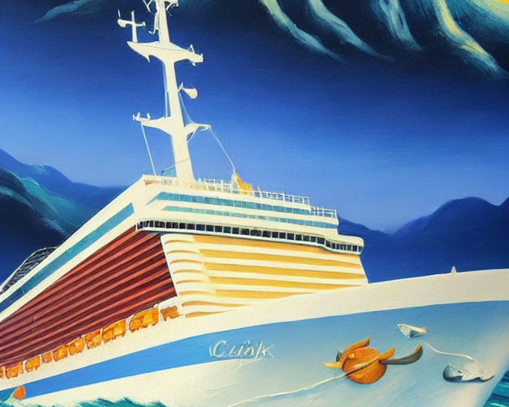 Colorful painting of cruise ship, dolphins, and ocean waves in a yellow sky