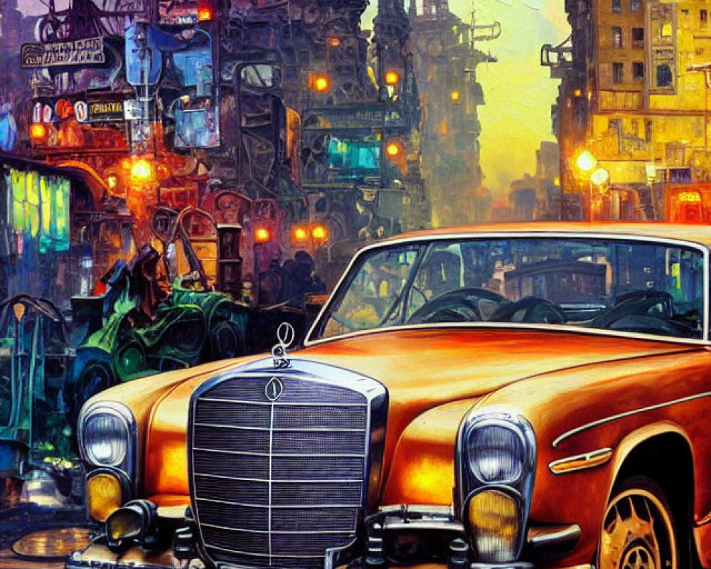 Colorful Artwork: Classic Mercedes in Cityscape at Dusk