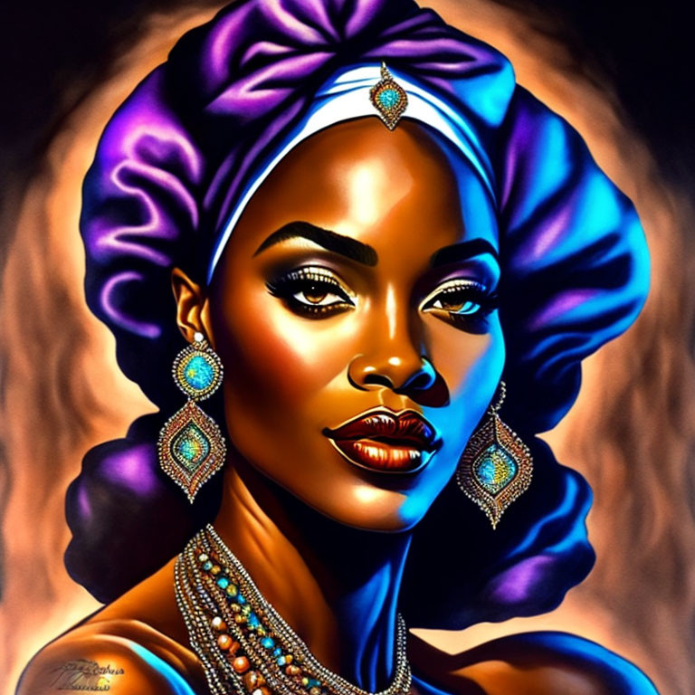 Dark-skinned woman in purple head wrap with jewel, earrings, makeup, against dark backdrop