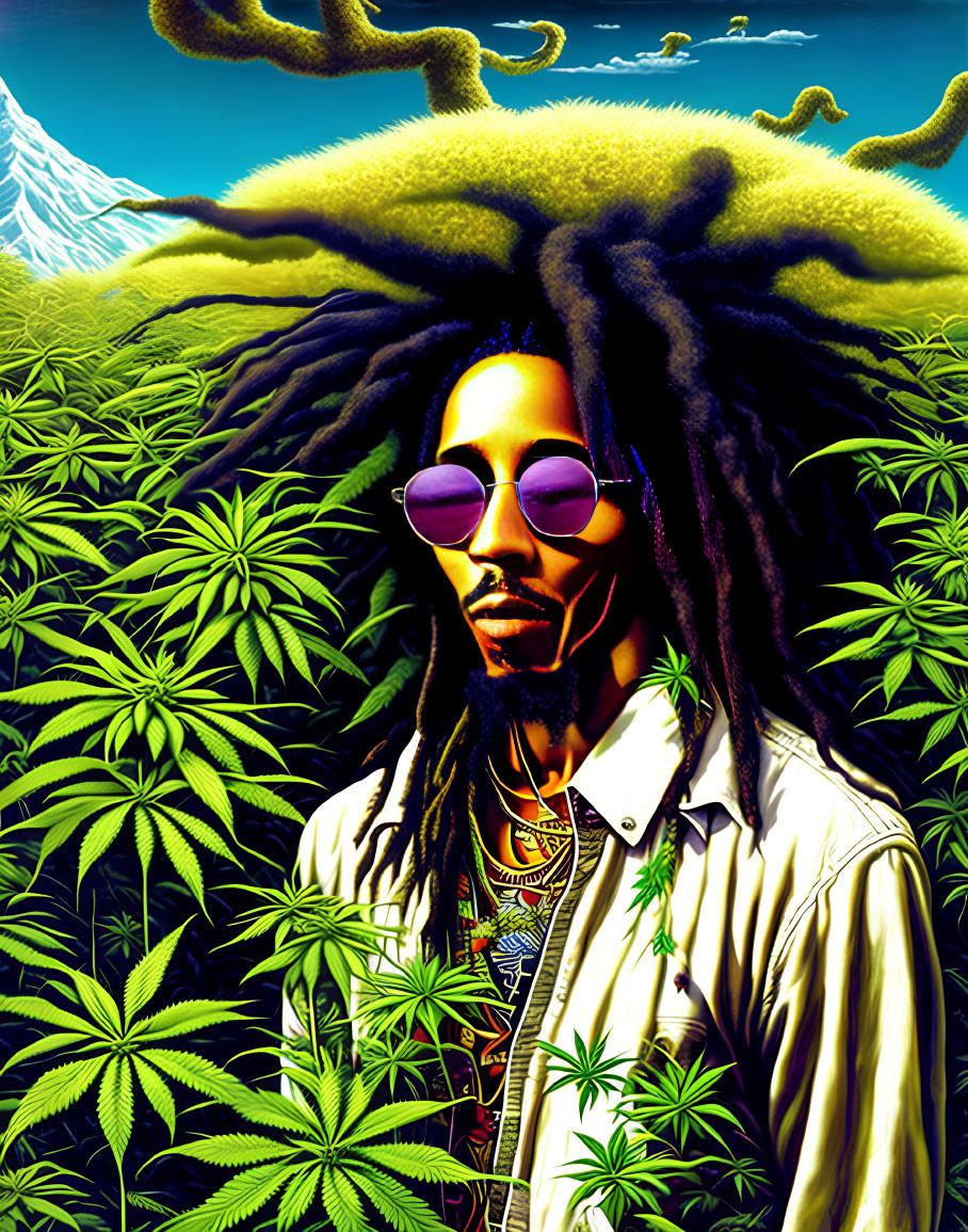 Colorful illustration: person with dreadlocks and purple sunglasses among cannabis leaves and mountain backdrop