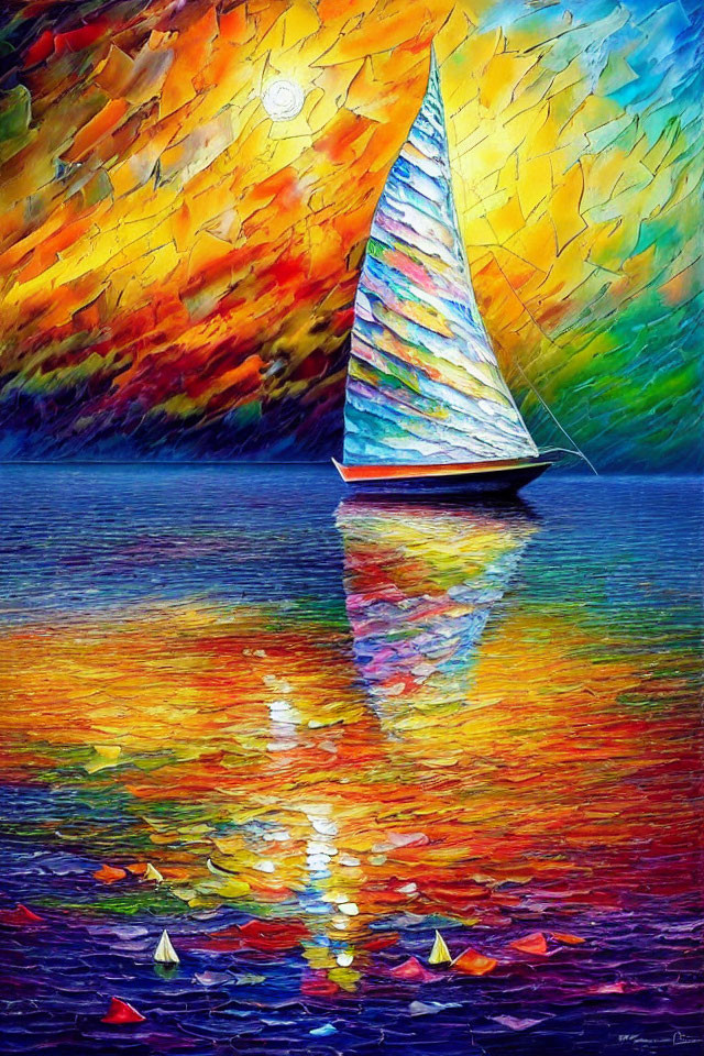 Vibrant Sailboat Painting with Sunset Reflections and Textured Sky