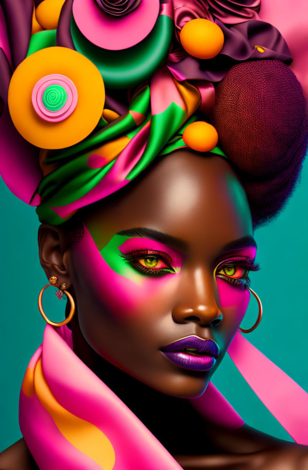 Colorful portrait of woman with vibrant makeup and creative headpiece