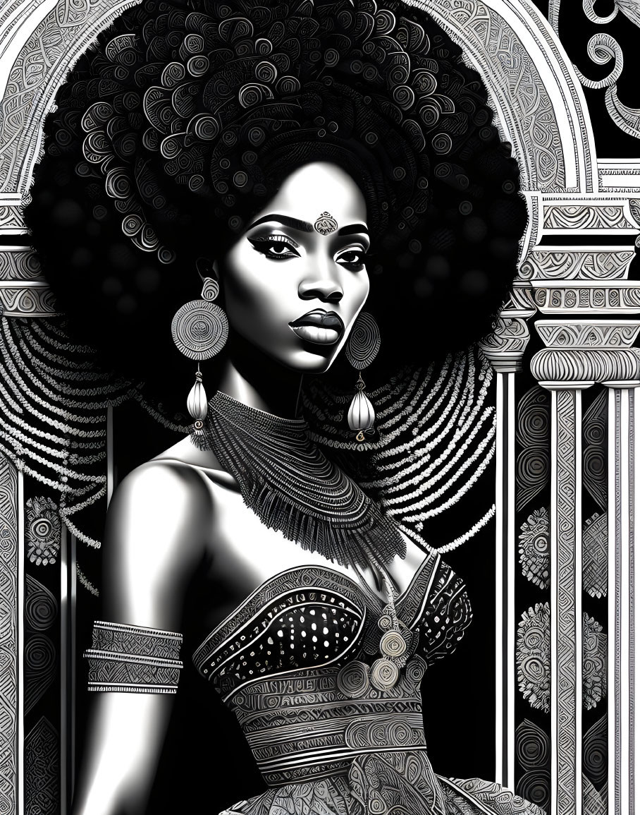 Detailed monochromatic digital art of woman with intricate afro hairstyle and ornate earrings.