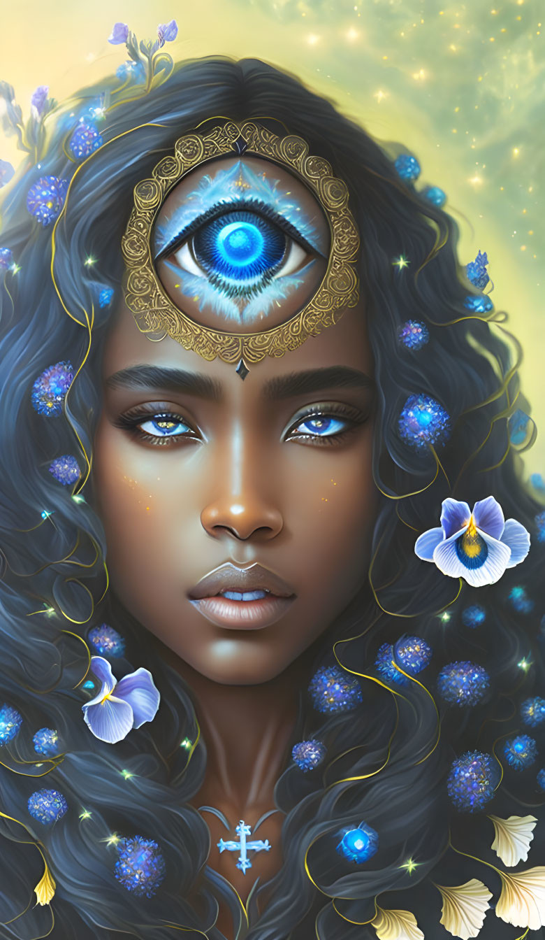 Fantastical portrait of woman with blue wavy hair and ornate third eye, surrounded by lum