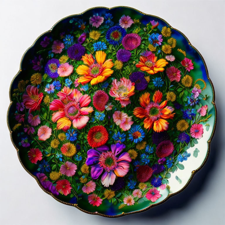 Colorful Floral Plate with Blue Background and Gold Trim