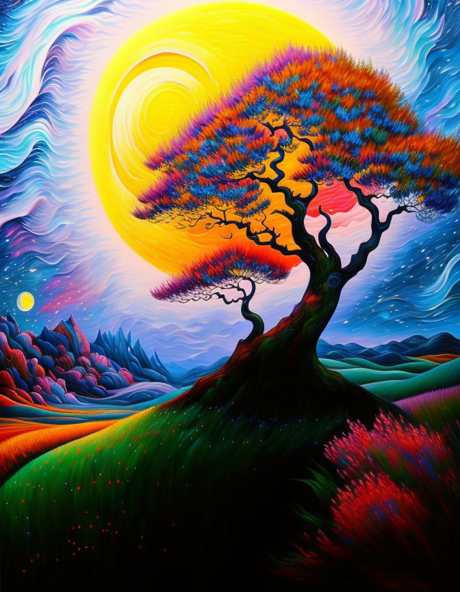 Colorful surreal landscape with swirling skies and twisting tree