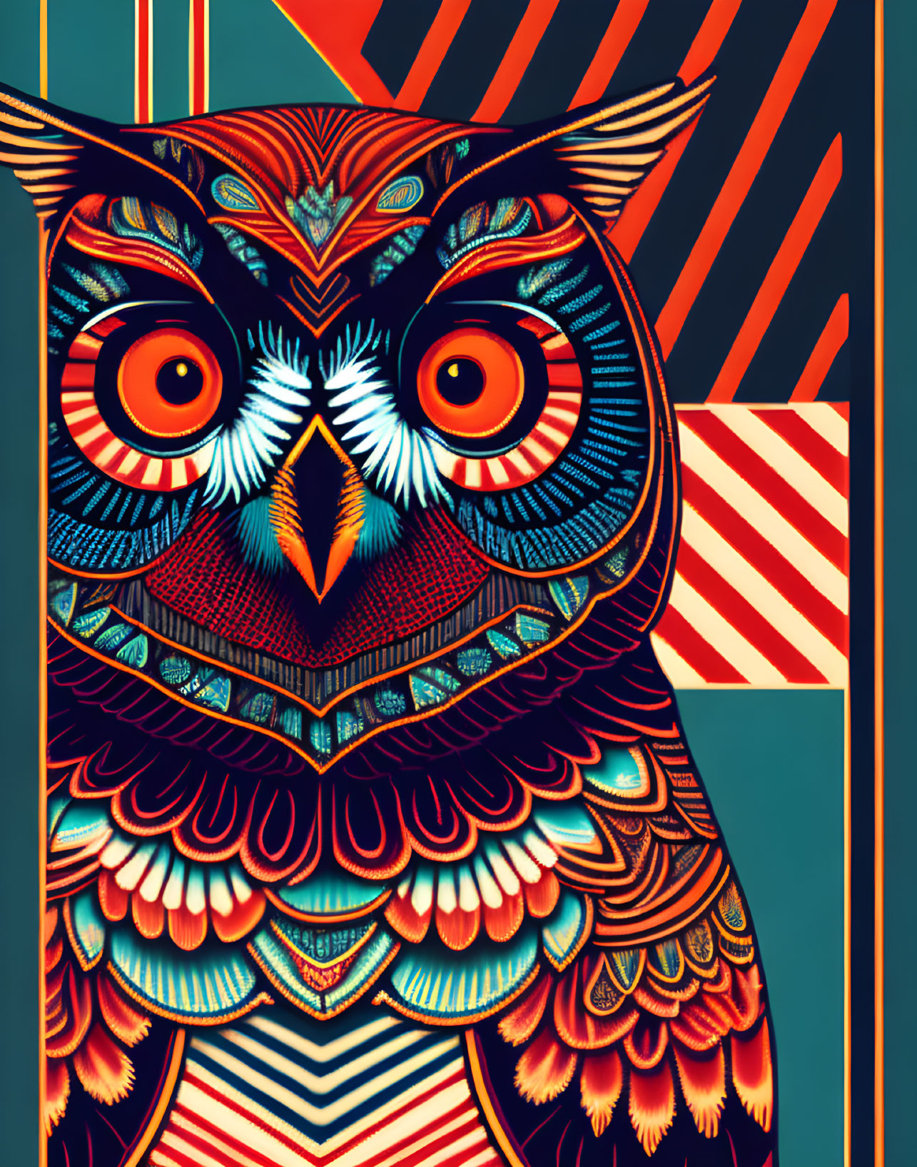 Colorful Stylized Owl Artwork with Geometric Background