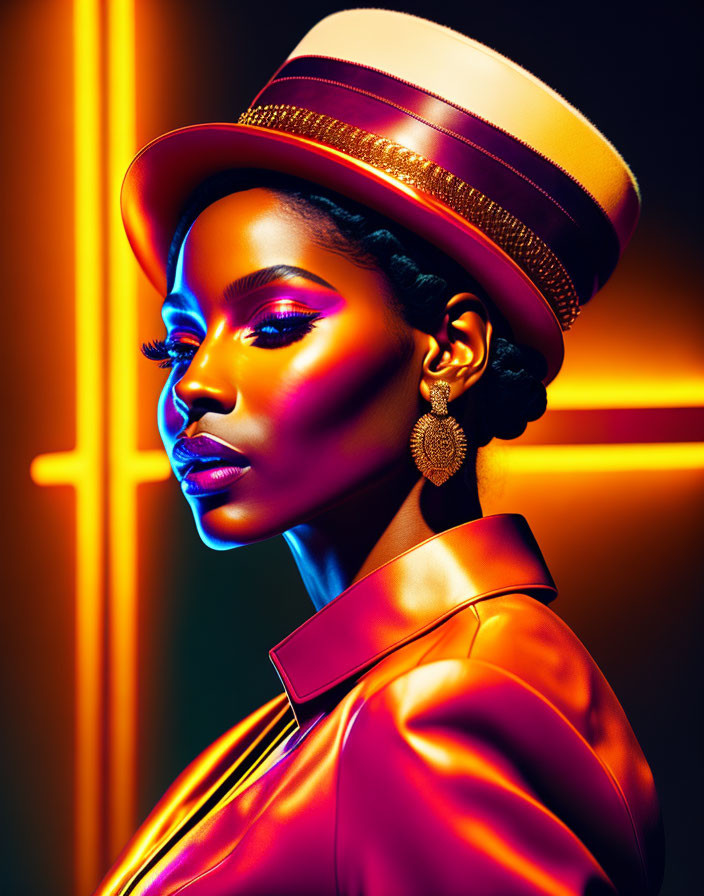 Striking makeup woman in hat and red jacket under neon lights