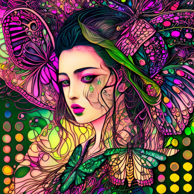 Vibrant neon colors and butterfly motifs in a woman's face artwork