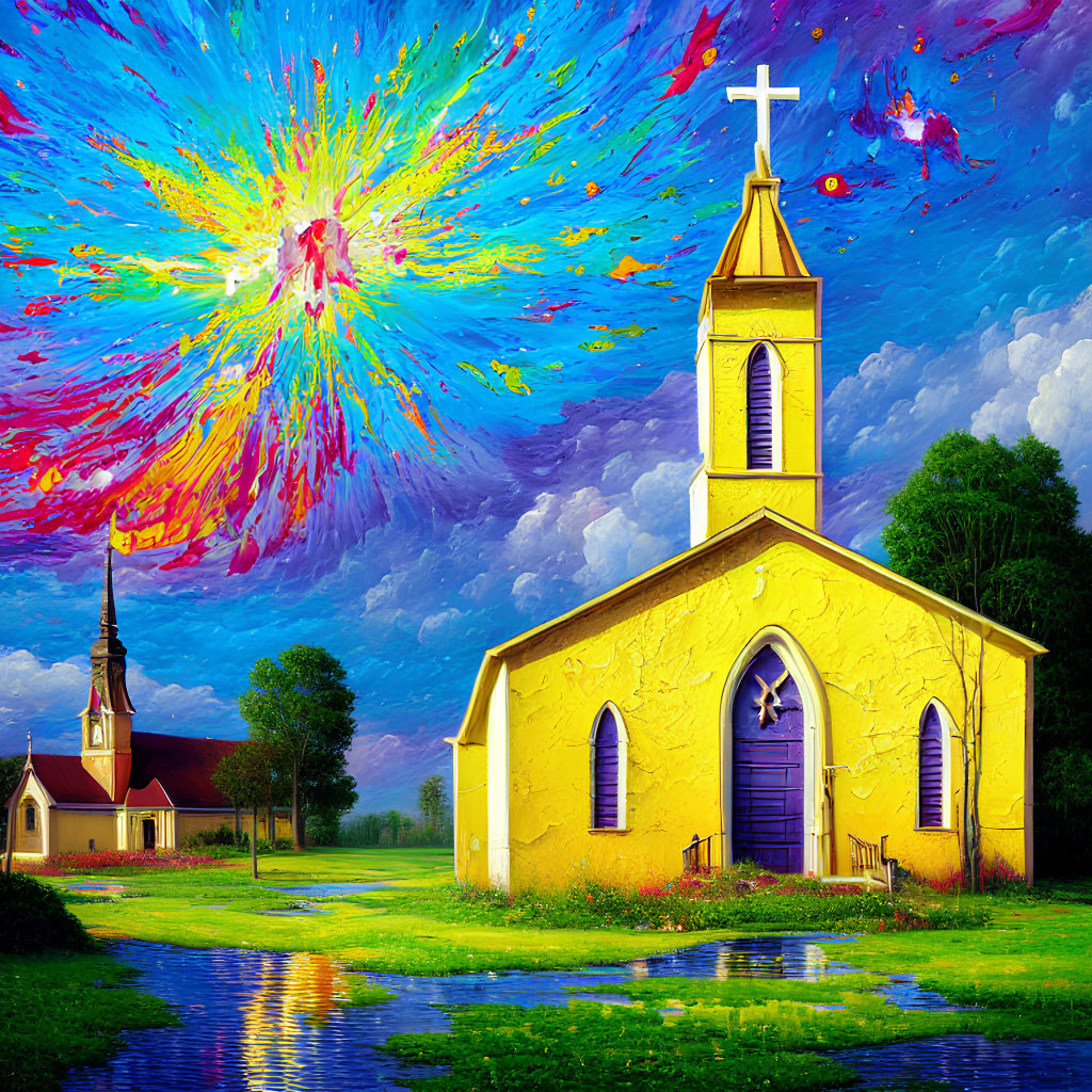 Colorful painting of yellow church by calm river under cosmic sky